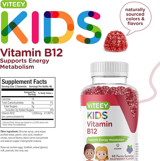 Vitamin B12 for Kids Gummies, 1000mcg - Metabolism, Natural Energy Support - Vegan, Gelatin Free, Gluten Free, GMO Free - Tasty Chewable B12 Raspberry Flavored Gummy