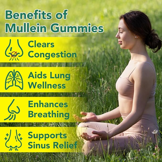 Mullein Gummies for Lung Cleanse, 2000mg Mullein Leaf Extract for Respiratory & Digestive & Immune Support, Natural Mullein Herbal Supplement for Mucus Relief with Chlorophyll (60 Gummies)