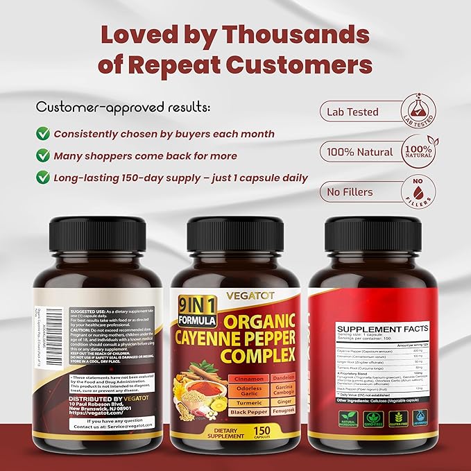 Organic Cayenne Pepper 9IN1 Complex with Cinnamon, Ginger, Turmeric for Overall Health, Immune System, Digestion Wellness (150 Count (Pack of 1))