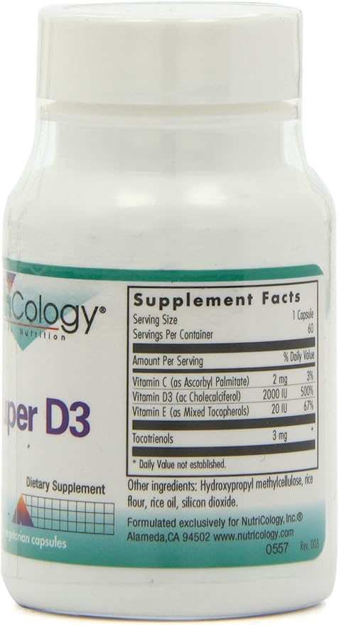 Nutricology Super D3 Dietary Supplement - Bone & Immune Support, Cholecalciferol with C & E, Vegetarian Capsules, Gluten Free - 60 Count