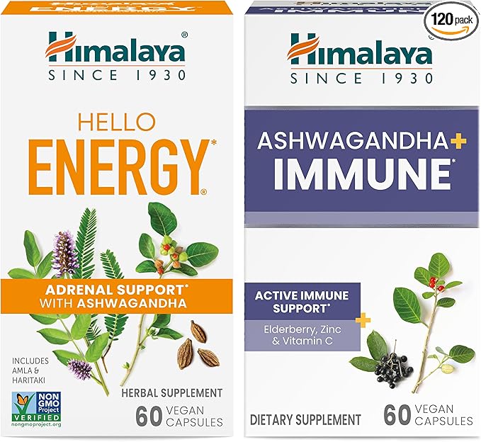 Himalaya Hello Energy with Ashwagandha for Adrenal Support & Daily Energy and & Ashwagandha +Immune with Vitamin C for Active Immune Support, 60 Capsules Each - Bundle