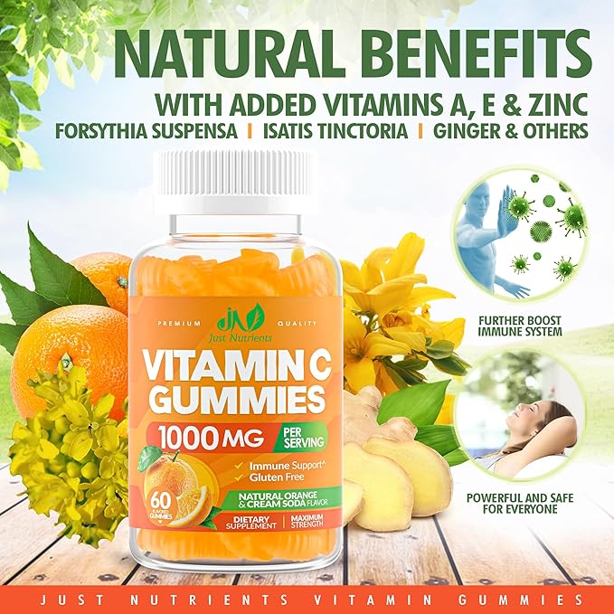 Vitamin C Gummies 1000mg for Adults & Kids – Chewable Multivitamin with Zinc for Immune System & Collagen Support for Skin – Orange Flavor – Gluten Free, Non-GMO, Vegetarian – 60 Gummies