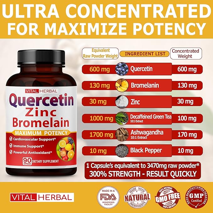 Premium High Purity Quercetin 98% with Bromelain Capsules Equivalent to 3470 mg - Maximum Potency with Green Tea Ashwagandha - Supports Overall Health Strength Energy - 90 Days Supply