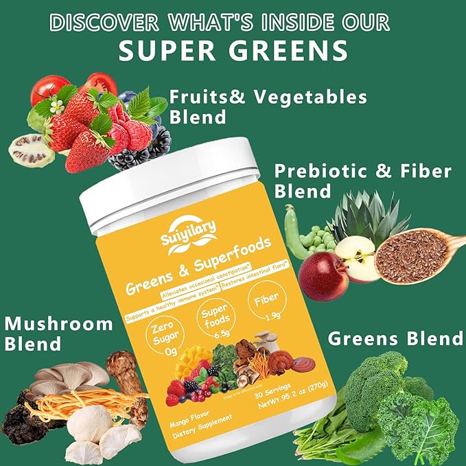 Super Greens Powder, 50+ Superfoods Blend, No Sugar, Fiber, Fruits, Vegetables, Spirulina, Chlorella, Mushrooms, Antioxidants, Prebiotics & Probiotics, Digestive Enzymes (9.52 OZ, Mango)