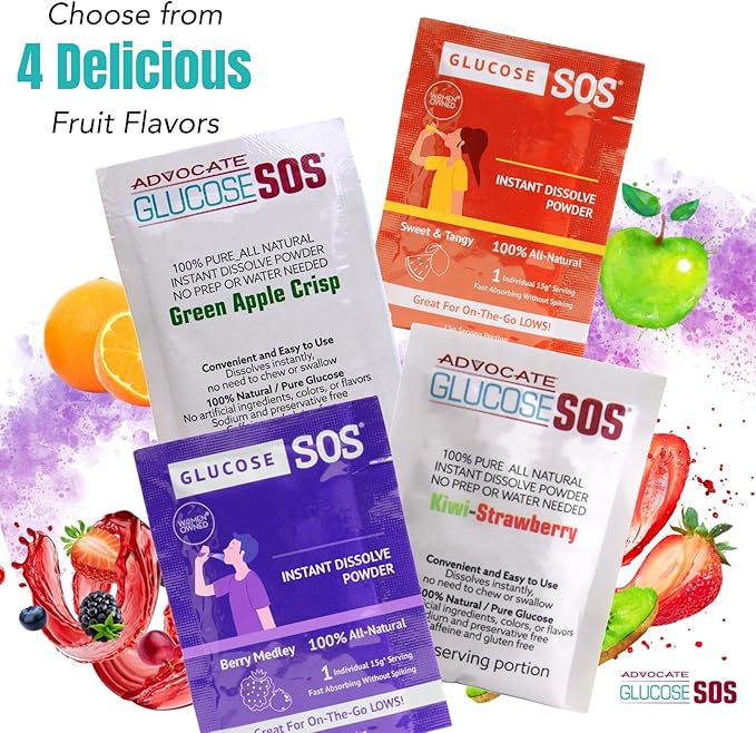 Glucose SOS Kiwi-Strawberry + Sweet & Tangy 72 Packs (2X) Glucose Packets with Natural Dextrose, Fast-Absorption That Instantly Dissolves in Your Mouth with No Water Needed