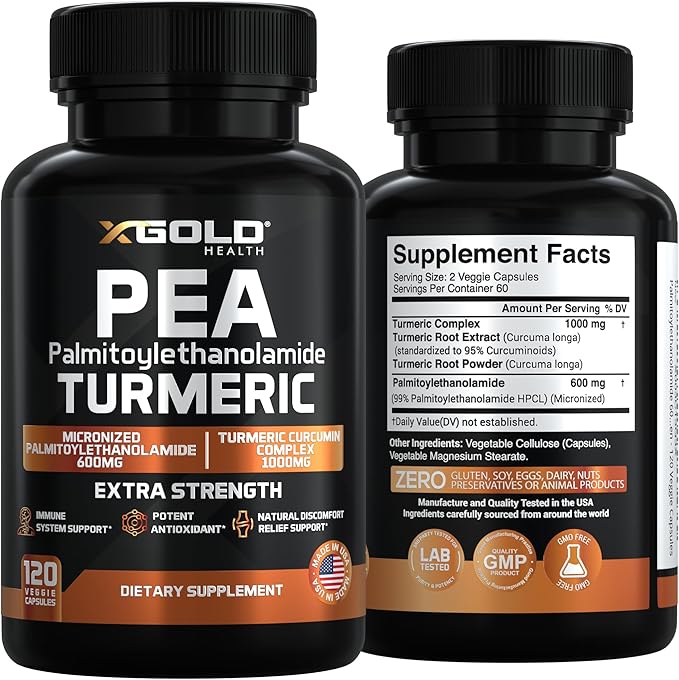 Palmitoylethanolamide 600mg + Turmeric Curcumin Complex 1000mg: Micronized Pea 99% Highly Purified and Bioavailable - Made in USA - Supplement for Men and Women - 120 Veggie Capsules