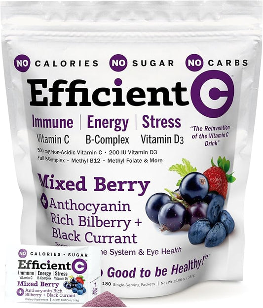 ANDREW LESSMAN Efficient C Mixed Berry 180 Packets - Immune, Energy, Stress and Eye Health Support. Reinvention of The Vitamin C Drink. No Calories. No Sugar. No Carbs. Easy to Mix.