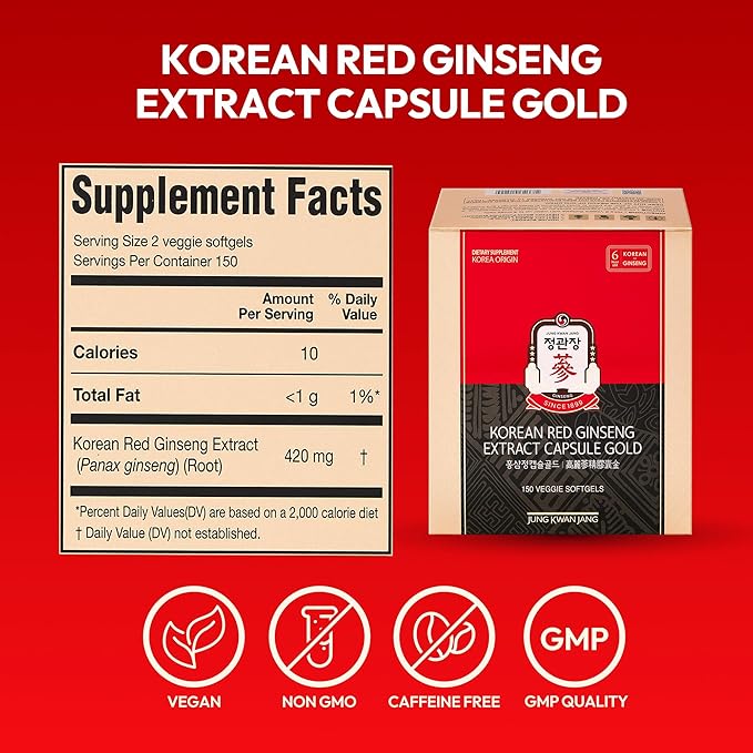 Renewed Korean Red Ginseng Extract Capsule Gold - Vegan Energy Supplements - Energy Boost & Immune Support, Caffeine Free & Non-GMO (600mg, 150 Capsules)