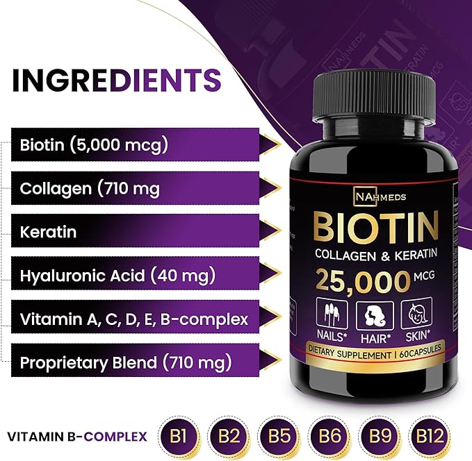 Biotin Hair Skin & Nails Vitamins – 25,000 mcg Biotin with Collagen, Keratin & Hyaluronic Acid – Supports Healthy Hair, Radiant Skin & Strong Nails – Unisex Supplement – 60 Capsules