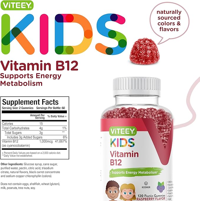 Vitamin B12 for Kids Gummies, 1000mcg - Metabolism, Natural Energy Support - Vegan, Gelatin Free, Gluten Free, GMO Free - Tasty Chewable B12 Raspberry Flavored Gummy
