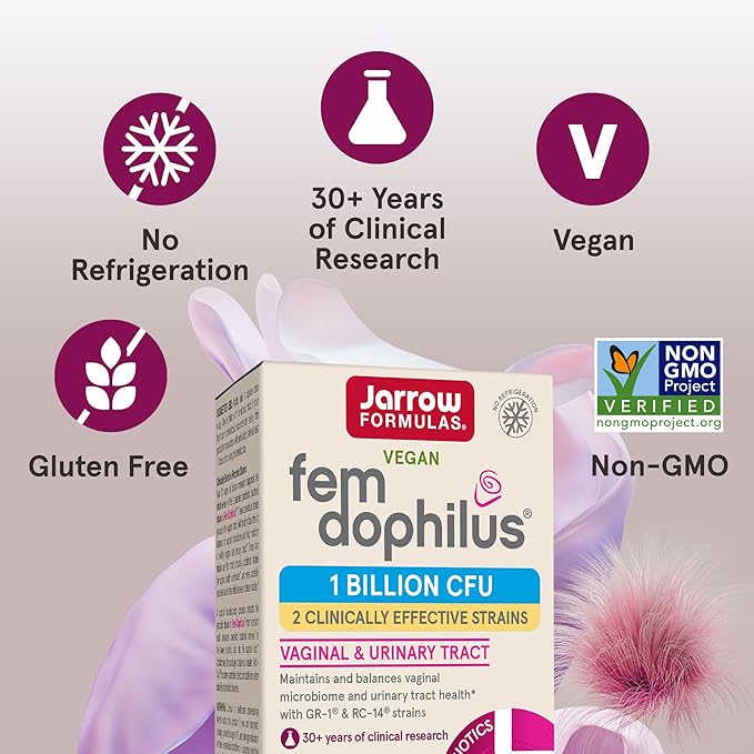 Jarrow Formulas Fem-Dophilus Probiotics 1 Billion CFU With 2 Science-Backed Strains, Dietary Supplement for Vaginal and Urinary Tract Support, 30 Veggie Capsules, Up to a 30 Day Supply, Shelf-Stable
