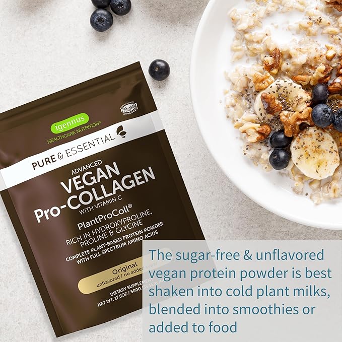 Igennus Vegan Collagen Peptide Powder, Enhanced with Glycine, Proline & Hydroxyproline & Cofactor Vitamin C, Non GMO, Complete Vegetarian Plant Based Collagen Powder Booster, 35 Servings
