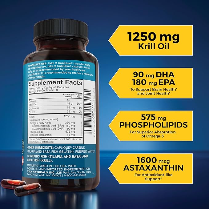 Viva Naturals Antarctic Krill Oil Omega 3 Supplements 1250 mg - DHA EPA Omega-3 & Astaxanthin Concentration for Joint Health, No Fish Burp - 60 Omega 3 Krill Oil Capsules