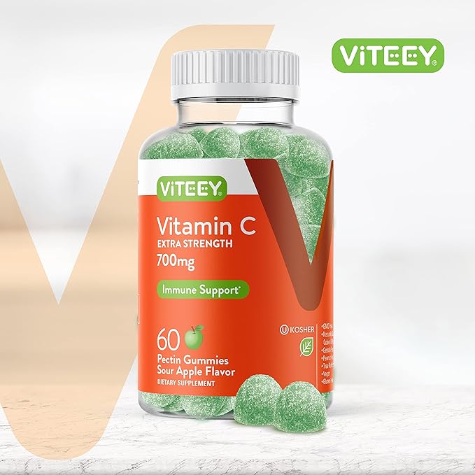 Vitamin C Gummies for Adults & Teens, 700mg Extra Strength - Immune Support Gummies - Immune Booster - Vegan, Gelatin Free, Gluten Free - Tasty Vitamin C Chewable Sour Apple Flavored Gummy