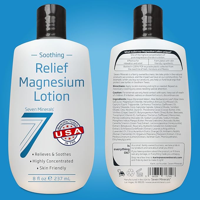 Seven Minerals Magnesium Lotion for Sleep, Soothing Relief & Relaxation - Highly Concentrated Magnesium for Better Sleep, Feet & Joint Care. Non-Greasy Lotion with Skin Friendly Ingredients - 8 fl oz
