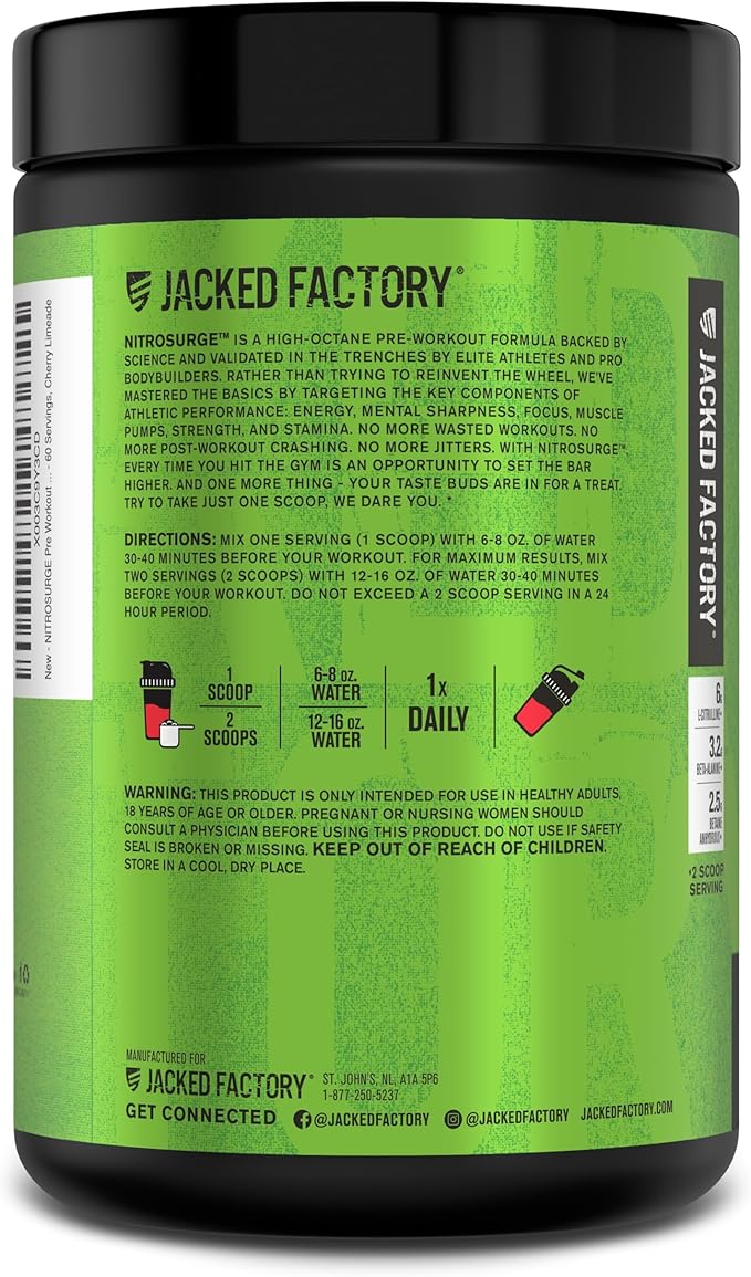 Jacked Factory NITROSURGE Pre Workout Supplement - Endless Energy, Instant Strength Gains, Clear Focus, Intense Pumps - Nitric Oxide Booster & Preworkout Energy Powder - 60 Servings, Cherry Limeade