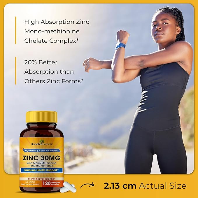 Sandhu Herbals Zinc 30mg Supplement for Men & Women| High Absorption Zinc Monomethionine Complex 120 Capsules| Zinc Supplements for Immune, Acne & Antioxidant Support| Vegetarian, Made in The USA