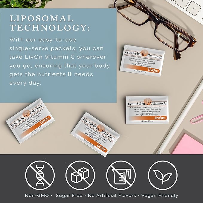 LivOn Laboratories Lypo–Spheric Vitamin C – 1,000 mg Vitamin C & 1,000 mg Essential Phospholipids Per Packet – Liposome Encapsulated for Improved Absorption – Non–GMO(2 Cartons,60 Packets)