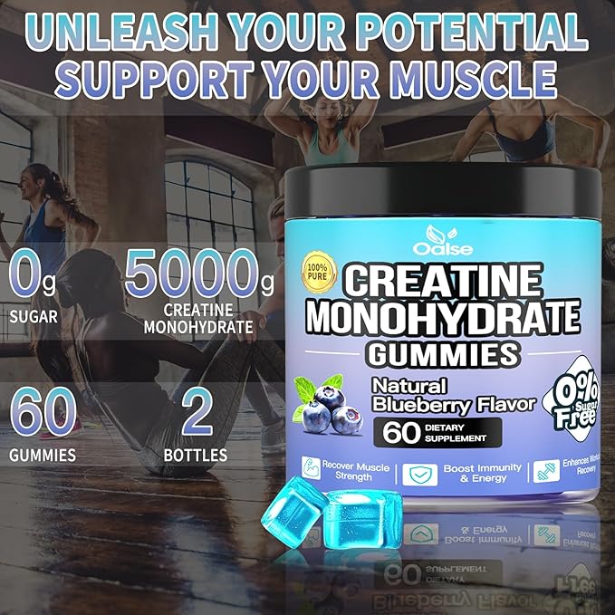 (2Pack,120 Count) Creatine Monohydrate Gummies for Men & Women 5000mg, Chewable Creatine Monohydrate with W/L-Taurine + Vitamin B12 for Muscle Support, Energy Boost - Sugar Free,Vegan (Blueberry)