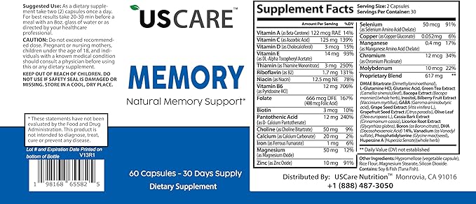USCare Memory - Natural Memory Support Formulated with 40 Unique Nootropic with Phosphatidylserine, Choline, Bacopa Monnieri and Huperzine A