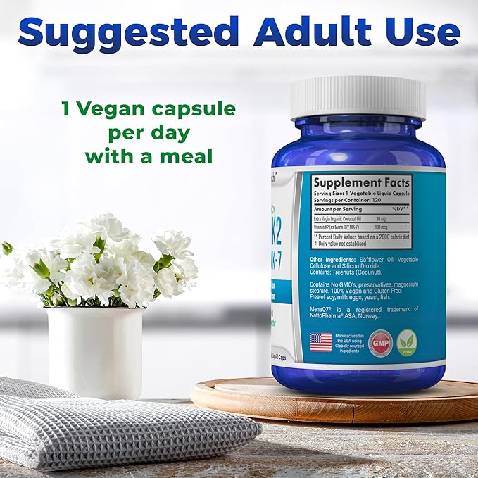 Vitamin K2 MK7 (MenaQ7) 100 mcg w/Coconut Oil for Superior Absorption, Dietary Health Supplement, 120 Vegan Liquid Capsules to Support Bone Strength & Density for Adults Women & Men