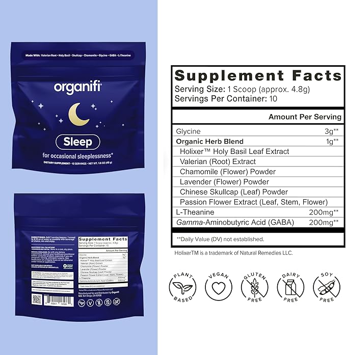 Organifi Sleep - Sleep Support with Valerian Root, Lavender, GABA and L-theanine - No Melatonin - Calming and Relaxing Nighttime Drink - No Gluten, Dairy or Soy