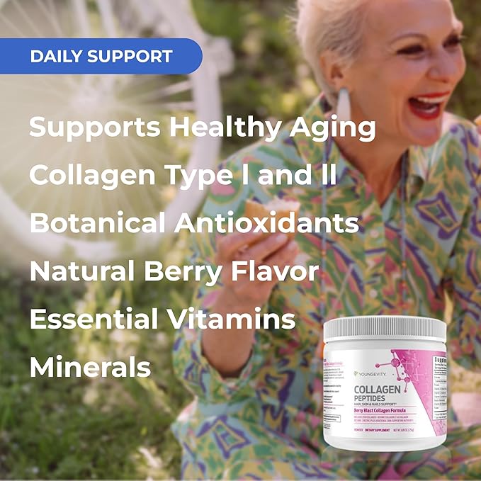 Youngevity Collagen Peptides Powder – Hair, Skin & Nail Support with Hydrolyzed Type I & II, Biotin, Vitamin B12, Antioxidants & Alpha Lipoic Acid – Joint & Bone Health – Berry Flavor – 251g