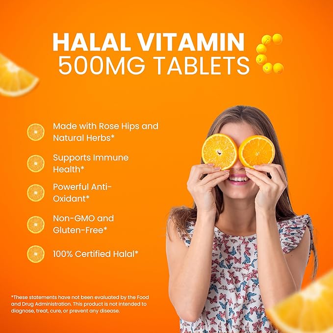 Halal Vitamin C 500mg Tablets with Rose HIPS Supports Immune System, Natural Antioxidant with Citrus Bioflavonoids - Vegan - Gluten-Free - 2 Months Supply - Halal Vitamins