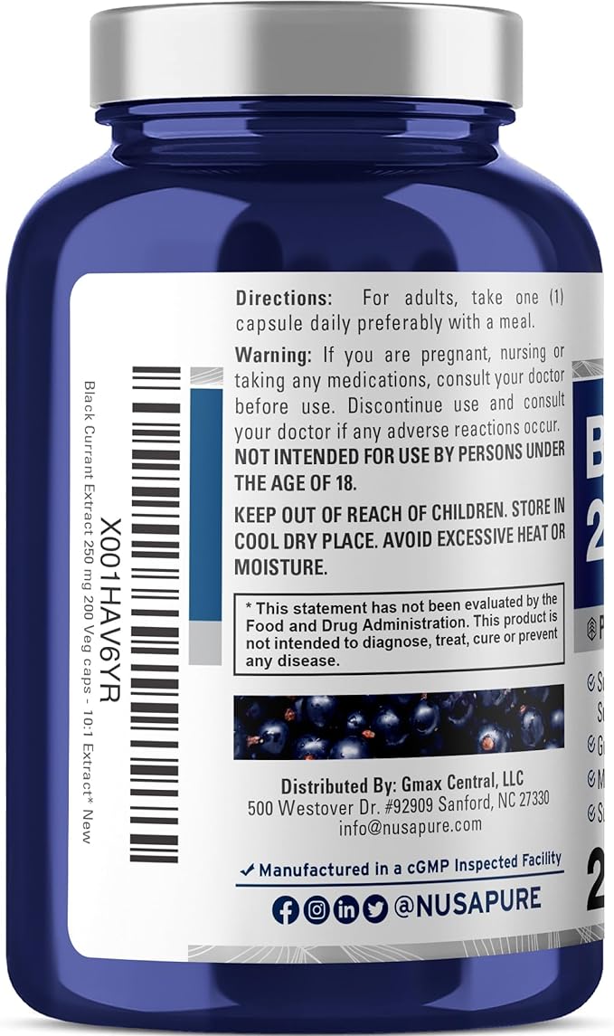NusaPure Black Currant 10:1 Extract, 250 mg Equivalent to 2,500mg, per Caps 200 Veggie Capsules Vegan, Non-GMO