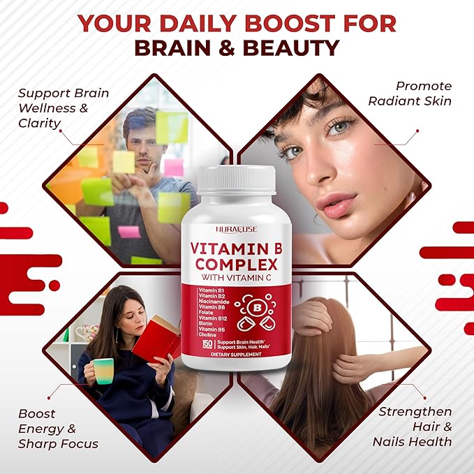 Vitamin B Complex Vitamin B1, B2, 6,9,12 Niacin, with Vitamin C - Support Brain Health, Energy Levels, Skin, Hair, and Nails - Made and Tested in The USA