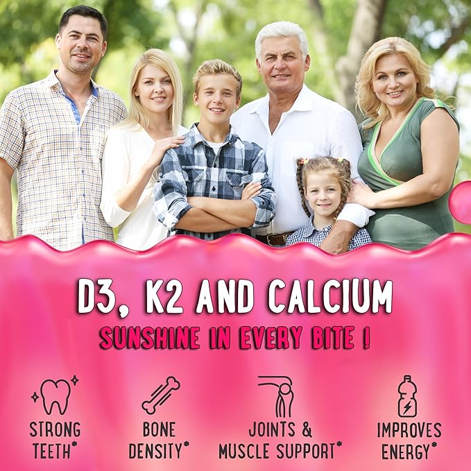 Center-Filled Vitamin D3 K2 Gummies - Kids, Teens & Adults - Supplement for Healthy Teeth, Bone, Energy & Immunity - 5000 IU D3, 120 mcg K2(MK-7), 120 mg Calcium - Vegan & Non-GMO - 120 Count