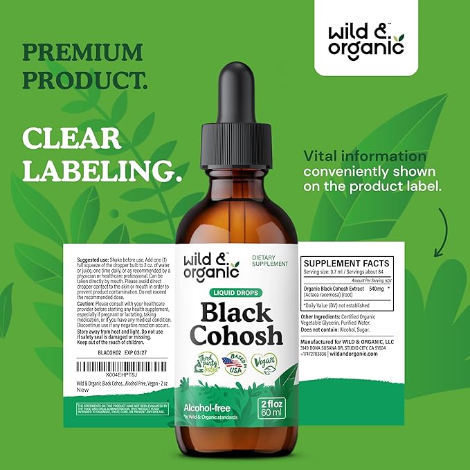 Wild & Organic Black Cohosh Liquid Drops 540 mg - Herbal Supplements for Women - Liquid Black Cohosh Extract Tincture - 2-Month Supply - Vegan, Sugar & Alcohol-Free - 2 fl oz