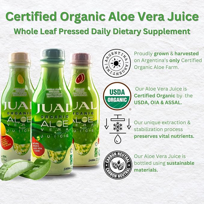 JUAL Healthy Organic Aloe Vera Juice drink, 16.7 Fl Oz - Lemon & Ginger Flavor - Aloe Vera Drink - Vegan, Zero Sugar, Aloin free Pure Aloe Juice for Gut Health - Immune Booster, 500ml (Pack of 1)