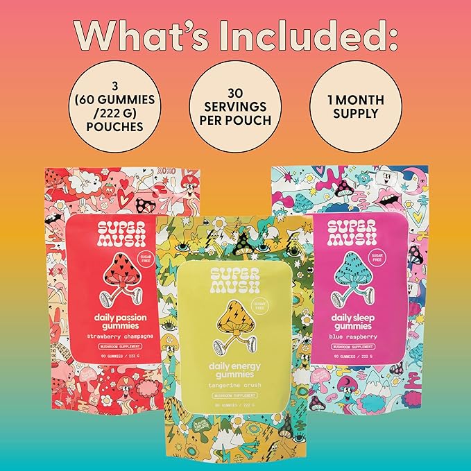Daily Gummies (Trio Bundle) - Daily Passion, Energy, & Sleep - Mushroom Gummies - Natural, Organic, Vegan, & Sugar-Free Mushroom Supplement - Ashwagandha Supplements with Cordyceps
