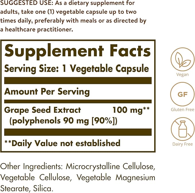 SOLGAR Grape Seed Extract 100 mg, 60 Vegetable Capsules - Phytonutrient Antioxidant Support - Vegan, Gluten Free, Dairy Free - 60 Servings