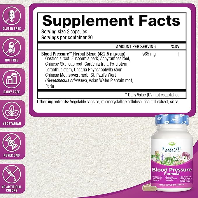 Ridgecrest Herbals Blood Pressure Herbal Formula, 12 Herbs, Poria Mushroom, Gastrodia, Gardenia, for Heart, Vascular, Circulation Health (60 Count (Pack of 1))