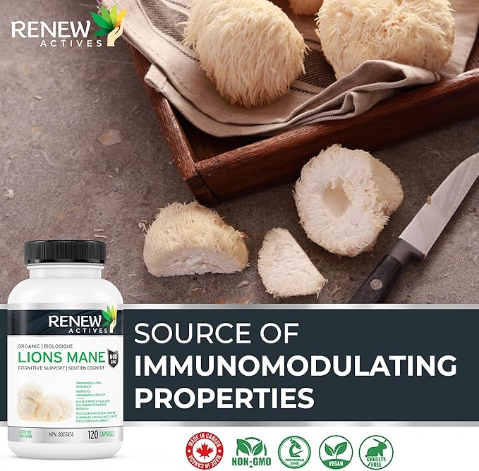 Renew Actives Premium Organic Lion's Mane Mushroom 1100MG per 2 Capsules - Supports Brain Function, Memory, Focus, Stress Relief & Immune Health, Non-GMO, Vegan - Made in Canada - 120 Capsules