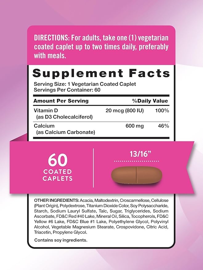 Nature's Truth Calcium 600 mg with Vitamin D3 | Coated Caplets | Calcium Carbonate | Vegetarian, Non-GMO & Gluten Free Supplement