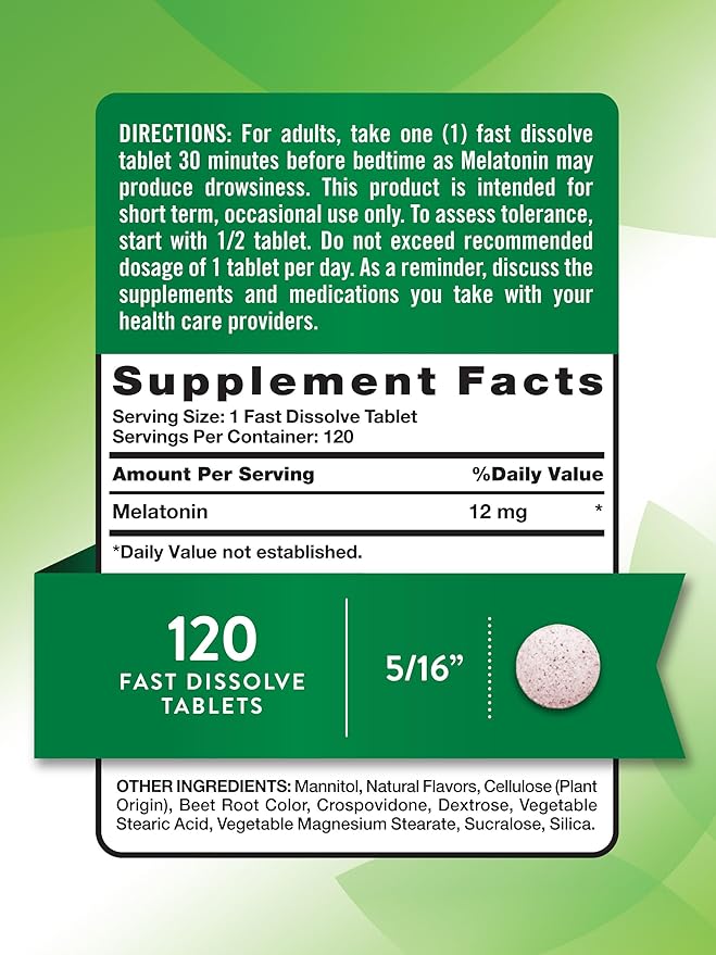 Nature's Truth Melatonin Tablets | 12mg | 120 Count | Natural Berry Flavor | Fast Dissolve | Vegan, Non-GMO & Gluten Free Supplement