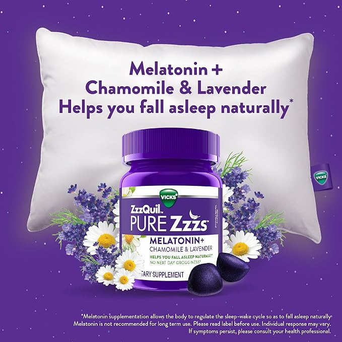ZzzQuil PURE Zzzs Melatonin Gummies, Sleep Aid, Melatonin 2mg, with Chamomile & Lavender, Melatonin Sleep Gummies, Sleep Aids for Adults, Wildberry Vanilla Flavored, 24 Sleep Gummies
