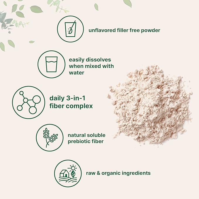 Organic Fiber Supplement (Inulin, Acacia, Psyllium Husk), 2 Pounds, 3-in-1 Formula, Daily Soluble Fiber, Unflavored, Prebiotics Supplement for Digestive Health, Hunger Control, Vegan