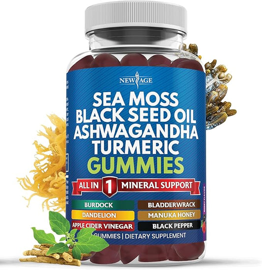 NEW AGE Sea Moss Gummies, Sea Moss, Black Seed, Ashwagandha, Turmeric, Manuka Honey, ACV, Dandelion, Black Pepper, Burdock, Bladderwrack, Vegan - 60 Count