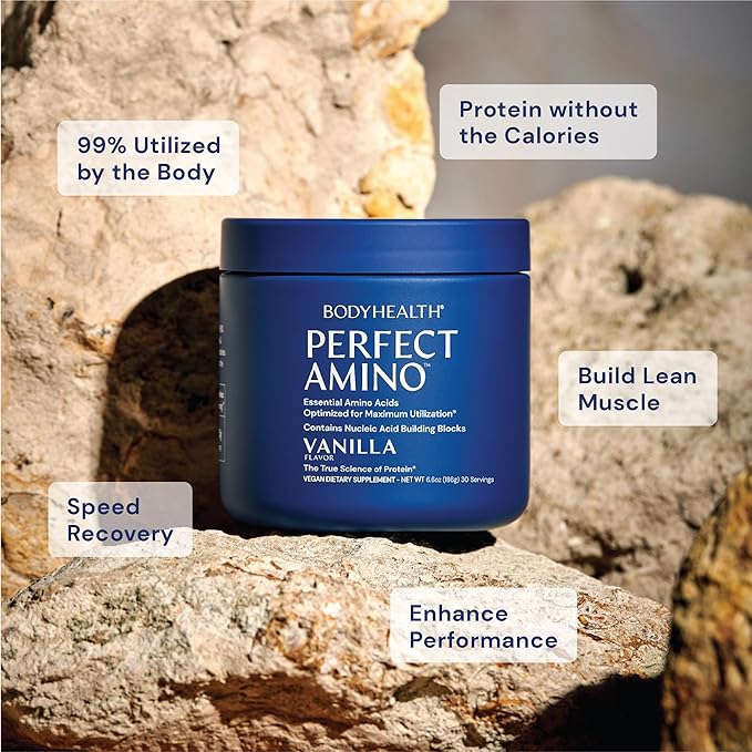 BodyHealth PerfectAmino Powder - BCAA and EAA Powder for Pre and Post Workout - Amino Acid Energy Drink for Men and Women to Support Lean Muscle and Recovery - Vanilla - 30 Servings
