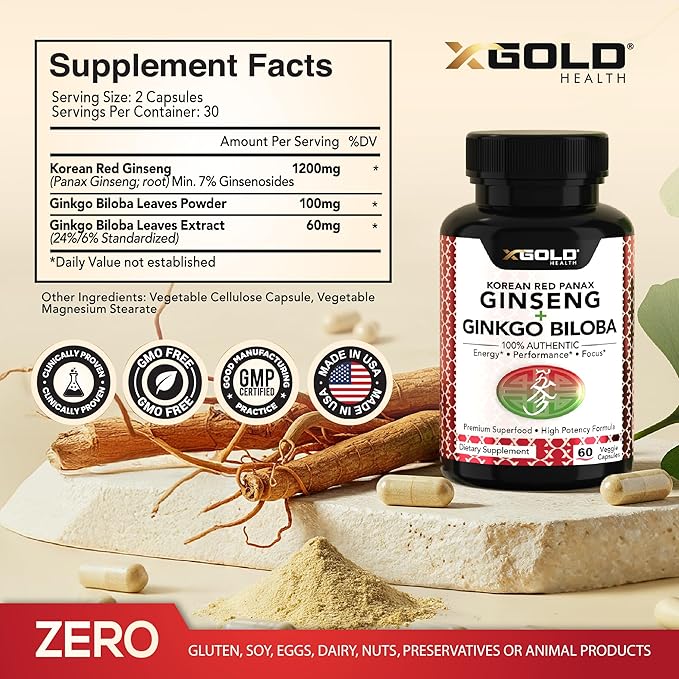 Korean Red Panax Ginseng 1200mg + Ginkgo Biloba - Extra Strength Root Extract Powder Supplement w/High Ginsenosides Vegan Capsules for Energy, Performance & Focus - Supplement for Men & Women