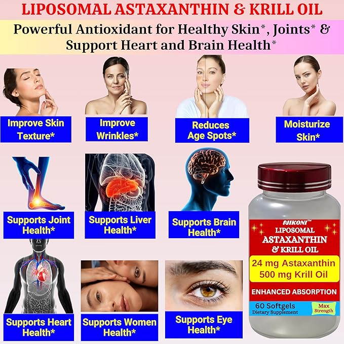 Liposomal Astaxanthin 24mg with Kril Oil 500mg Supplement (240 Softgelss)