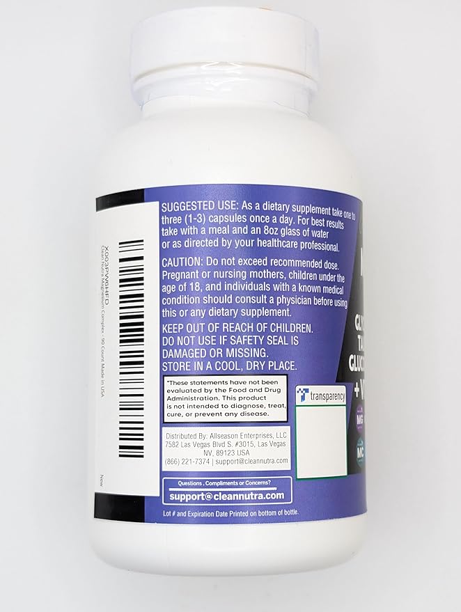 Clean Nutraceuticals Magnesium Complex with Magnesium Glycinate Citrate Malate Oxide Taurate Aspartate Orotate & Mag Chloride, Zinc Copper Manganese & Vitamin C B1 B2 B6 B12 Complex - 1Pack
