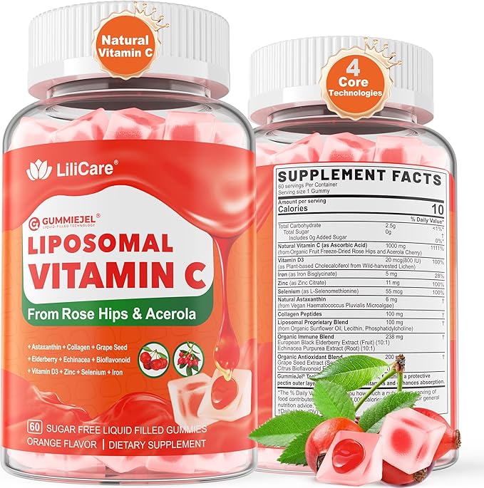 Liposomal Vitamin C 1000mg Filled Gummies for Adults & Kids 9+, 1660mg Blend w/ Echinacea, Elderberry, D3, Zinc, Iron, Bioflavonoid,Astaxanthin - Natural Organic Chewable Vitamin C Gummies, Sugar Free