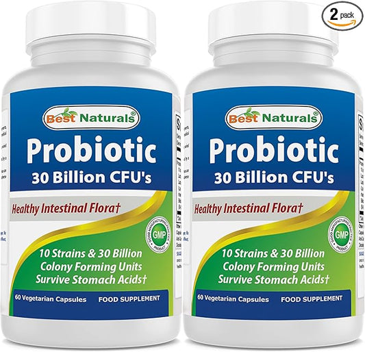 Best Naturals Probiotic 10 Strains & 30 Billion CFU Intestinal Flora, 60 Veggie Capsules (60 Count (Pack of 2))