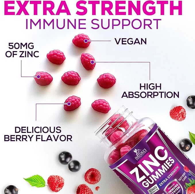 Zinc Gummies 50mg - Bone Skin & Immune Support Health Gummy & Premium Antioxidant Chewable for Adults - High Absorption Vegan, Gluten Free Zinc Supplements Vitamin - Tasty Berry Flavor - 120 Gummies
