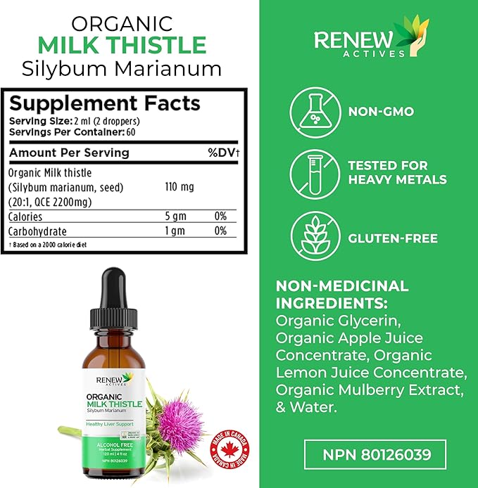 Renew Actives Milk Thistle Liquid Extract 110MG per 2ML – Liver Support Drops for Optimal Health – No Alcohol, Non-GMO, Vegan – Supports Liver Function & Digestive Health – Made in Canada – 4 fl oz